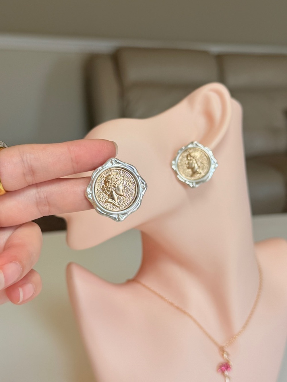 Gold and Silver Coin Medallion Earrings - Picture 4 of 10